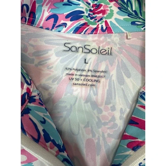 SanSoleil SolCool UV 50+ Cooling Floral Quarter Zip Performance Top Pink Blue L - Picture 3 of 5